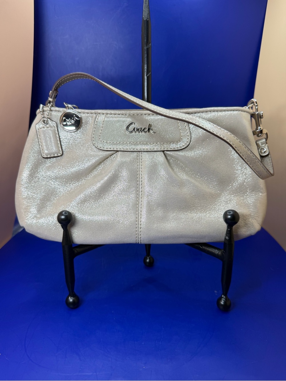 VINTAGE COACH Mini Shimmer Champagne Leather Bag Silver Hardware Pink Inside Y2K